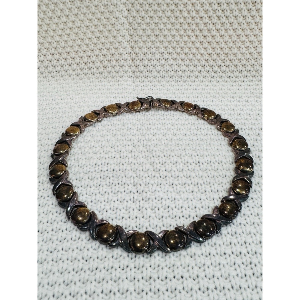 Italy 925 Sterling Silver Bronzite Cabochon X Link Collar Necklace